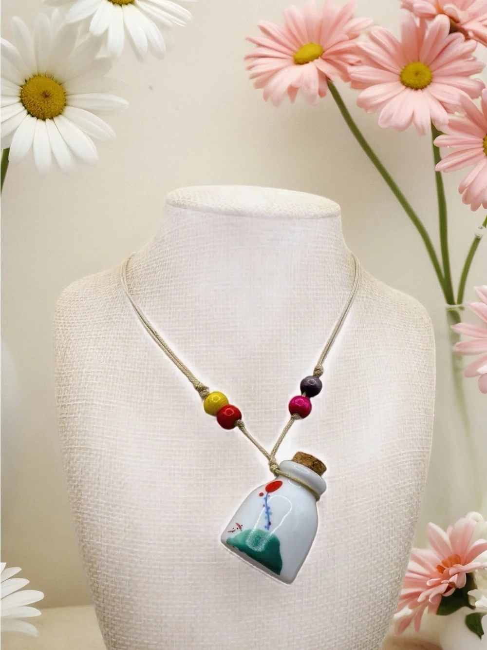 Hand Blown Colorful Corked Ceramic Urn Necklace For Perfume, Ashes, Potions.